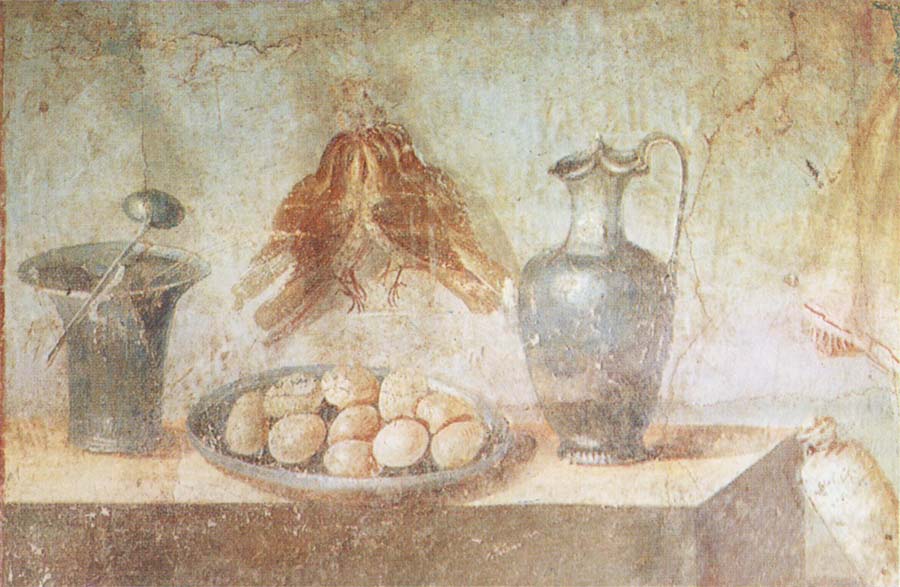 Still life wall Painting from the House of Julia Felix Pompeii thrusches eggs and domestic utensils